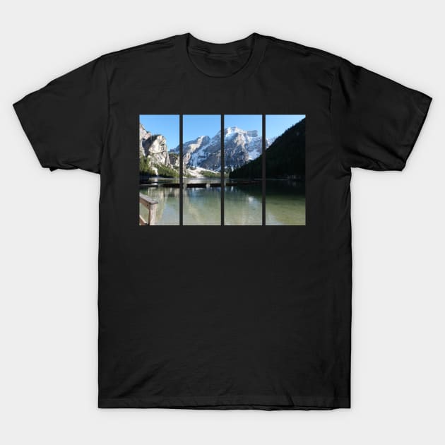 The fabulous alpine lake of Braies in the Dolomites (Bolzano). Lovely place in the Italian Alps. Boats on the water. Reflections in the water. Sunny spring day. Trentino Alto Adige T-Shirt by fabbroni-art